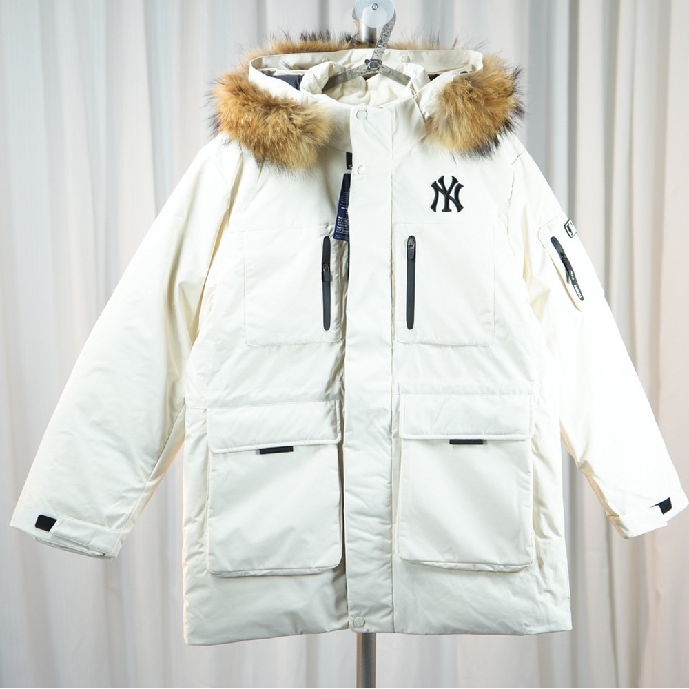 MLB White Parka with Fur Trim and NY Logo
